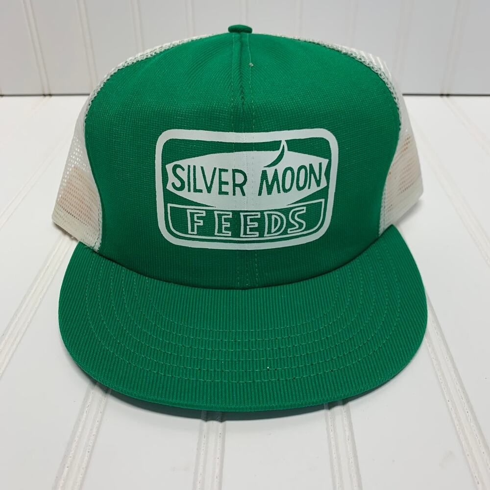 Vintage Made in USA Green White SnapBack Hat Silver Moon Feeds